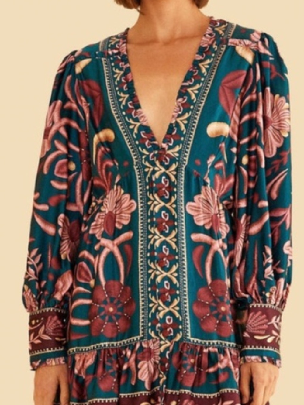 Farm Rio Seashell Tapestry Teal Floral
Mini Dress